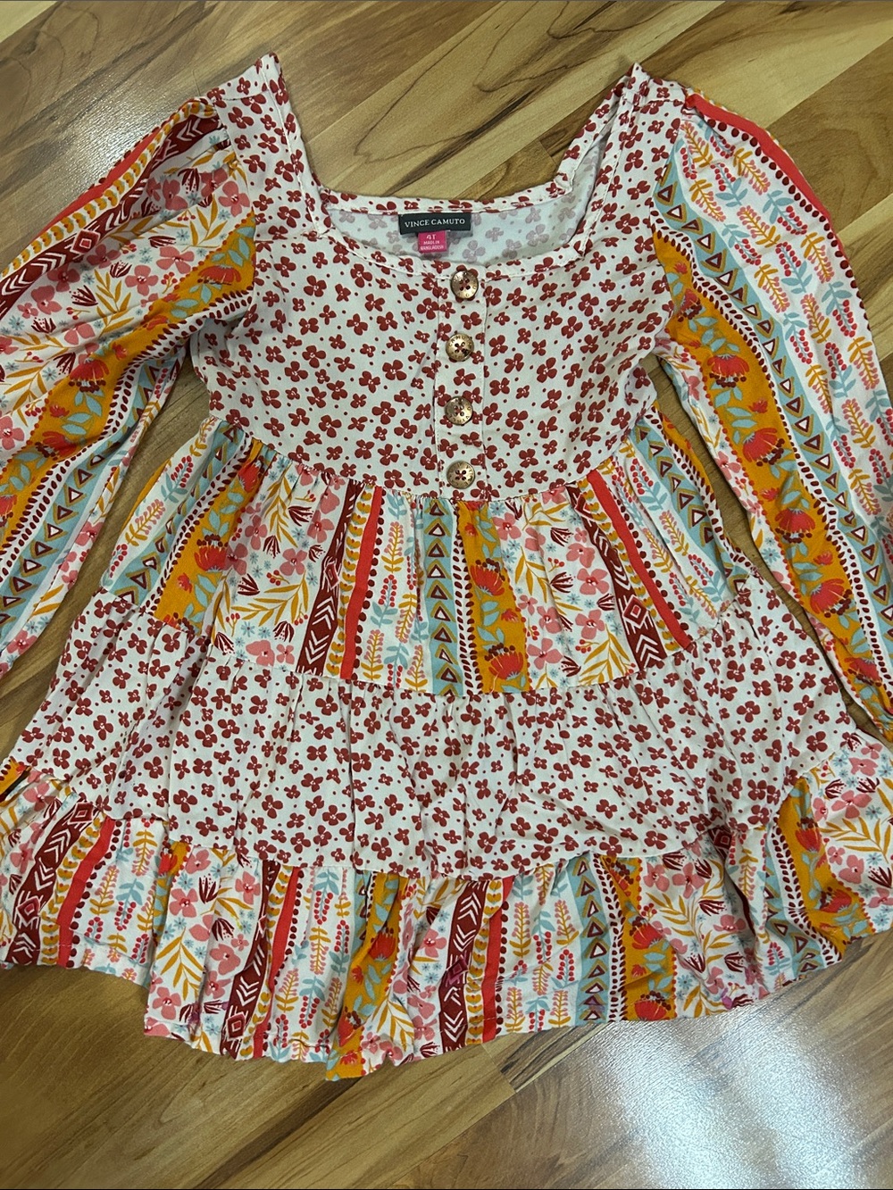 Vince Camuto Multicolor Floral Tiered Dress — Red, Mustard, Teal 4T